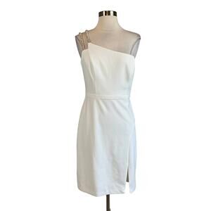 AQUA Women's Cocktail Dress Size 10 White Crepe One Shoulder Beaded Sheath